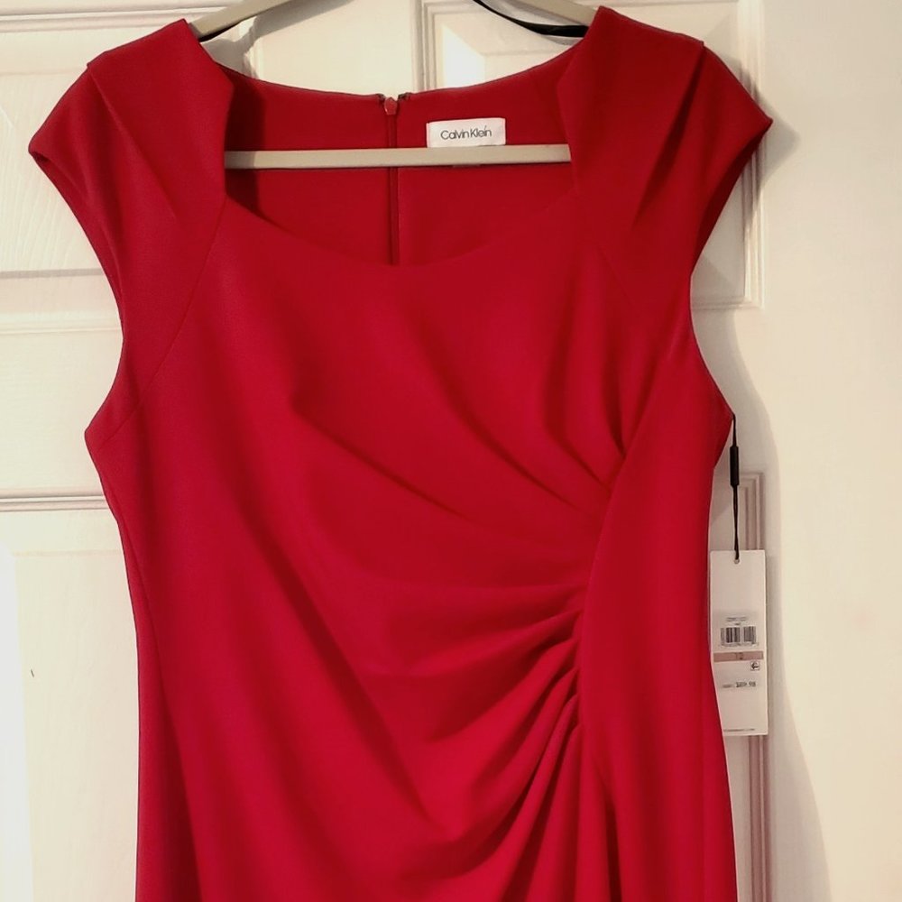 Calvin Klein Cap Sleeve Dress- Red with side rushing and unique collar NWT!